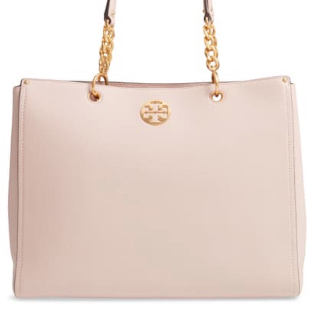 Tory Burch Everly Leather Tote Shell Pink Purse Bag Gold